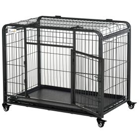 Metal Dog Cage 49" Heavy Duty Folding Kennel with Tray Locking Wheels Dark Gray