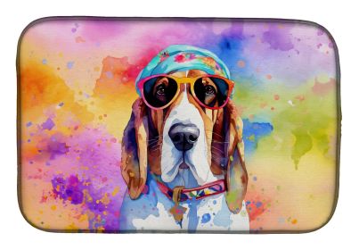 Basset Hound Hippie Dawg Dish Drying Mat Absorbent Dish Drying Mat Pad for Kitchen Counter Dish Drainer Mat for Countertop, 14 x 21", Multicolor