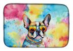 Boston Terrier Hippie Dawg Dish Drying Mat Absorbent Dish Drying Mat Pad for Kitchen Counter Dish Drainer Mat for Countertop, 14 x 21", Multicolor