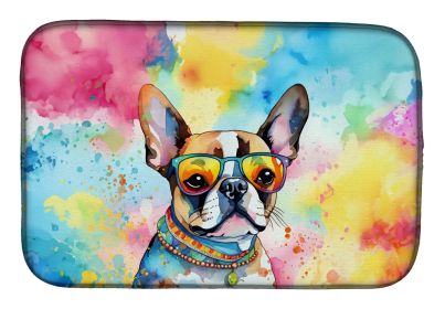Boston Terrier Hippie Dawg Dish Drying Mat Absorbent Dish Drying Mat Pad for Kitchen Counter Dish Drainer Mat for Countertop, 14 x 21", Multicolor