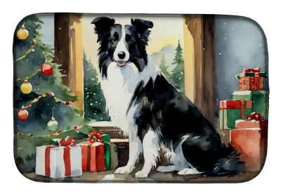 Border Collie Cozy Christmas Dish Drying Mat Absorbent Dish Drying Mat Pad for Kitchen Counter Dish Drainer Mat for Countertop, 14 x 21", Multicolor