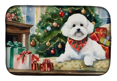 Bichon Frise Cozy Christmas Dish Drying Mat Absorbent Dish Drying Mat Pad for Kitchen Counter Dish Drainer Mat for Countertop, 14 x 21", Multicolor