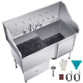 Stainless Steel Dog Washing Station, 61 inch Pet Grooming Tub w/ Ramp, Water Filter Board