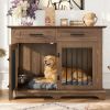44.48" Large Dog Crate Furniture, Indoor Wooden Dog Kennel End Table with 2 Storage Drawers and Rotating Bowls