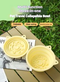 3-in-1 Pet Travel Collapsible Bowl Foldable Slow-Feeder With Strong Suction Cups  Portable Silicone Dog Bowl with Hook for Hanging on Collar/Backpack (Color: Yellow, size: 450ml)