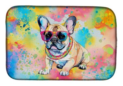 French Bulldog Hippie Dawg Dish Drying Mat Absorbent Dish Drying Mat Pad for Kitchen Counter Dish Drainer Mat for Countertop, 14 x 21", Multicolor (default: Default)