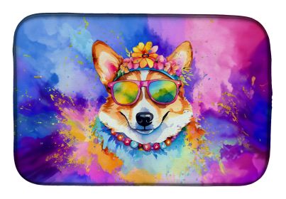 Corgi Hippie Dawg Dish Drying Mat Absorbent Dish Drying Mat Pad for Kitchen Counter Dish Drainer Mat for Countertop, 14 x 21", Multicolor (default: Default)