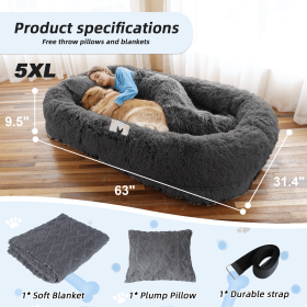 Human Dog Bed, Large Size Fits You and Pets, Washable Faux Fur Dog Bed for People Doze Off, Napping Orthopedic Dog Bed, Present Plump Pillow, Blanket (Color: DarkGrey, size: 5XL(63"L ��31.4"W ��9.5"Th))
