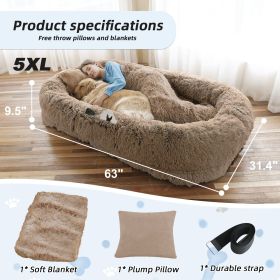 Human Dog Bed, Large Size Fits You and Pets, Washable Faux Fur Dog Bed for People Doze Off, Napping Orthopedic Dog Bed, Present Plump Pillow, Blanket (Color: Khaki, size: 5XL(63"L ��31.4"W ��9.5"Th))