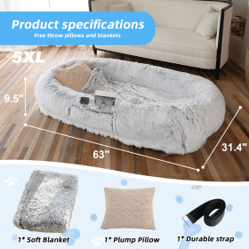 Human Dog Bed, Large Size Fits You and Pets, Washable Faux Fur Dog Bed for People Doze Off, Napping Orthopedic Dog Bed, Present Plump Pillow, Blanket (Color: Gray, size: 5XL(63"L ��31.4"W ��9.5"Th))