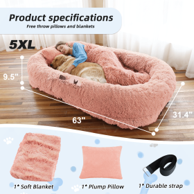 Human Dog Bed, Large Size Fits You and Pets, Washable Faux Fur Dog Bed for People Doze Off, Napping Orthopedic Dog Bed, Present Plump Pillow, Blanket (Color: Pink, size: 5XL(63"L ��31.4"W ��9.5"Th))