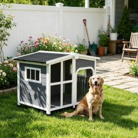 Large Dog House Cabin-Style Wooden Pet Shelter with Openable Roof And Giant Window Gray (Option: default title)