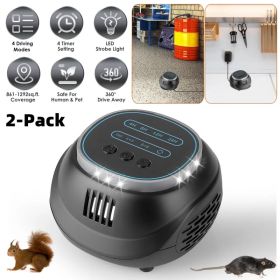 2-Pack Ultrasonic Rodent Chaser Rat Repellent Pest Driver Mouse Control Squirrel Repeller with 4 Modes 4-65KHz Strobe Light 4 Timer. Coverage for (Option: default title)