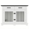 44.48" Large Dog Crate Furniture, Indoor Wooden Dog Kennel End Table with 2 Storage Drawers and Rotating Bowls