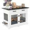 44.48" Large Dog Crate Furniture, Indoor Wooden Dog Kennel End Table with 2 Storage Drawers and Rotating Bowls