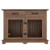 44.48" Large Dog Crate Furniture, Indoor Wooden Dog Kennel End Table with 2 Storage Drawers and Rotating Bowls