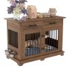 44.48" Large Dog Crate Furniture, Indoor Wooden Dog Kennel End Table with 2 Storage Drawers and Rotating Bowls